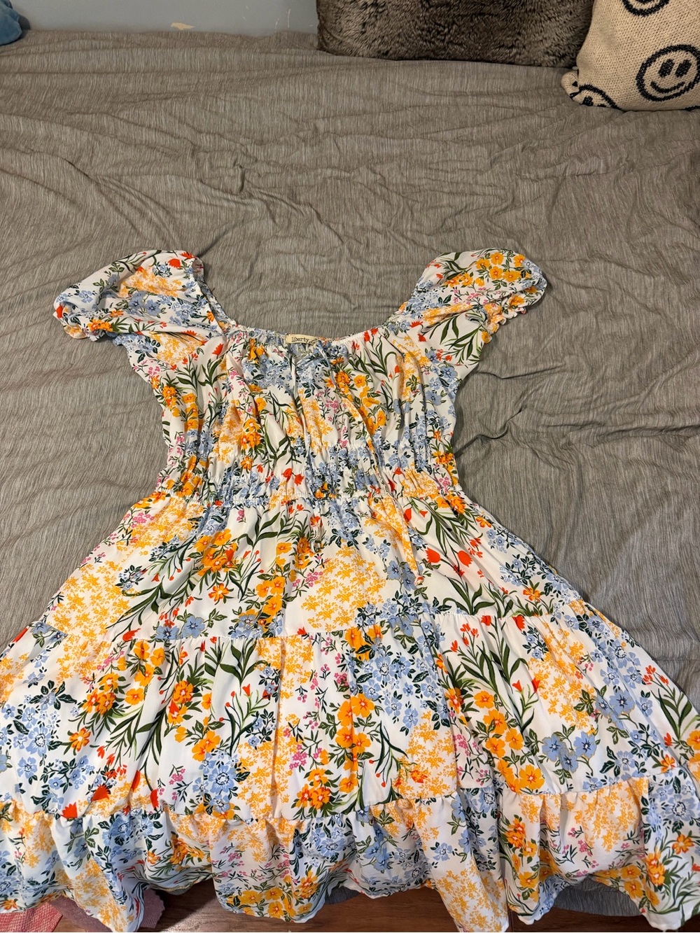 Liberty Love Floral Ruffle Dress in White, Yellow & Blue
